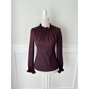 The Fold London Stretch Wool Burgundy Smocked Neck Blouse UK8 US4